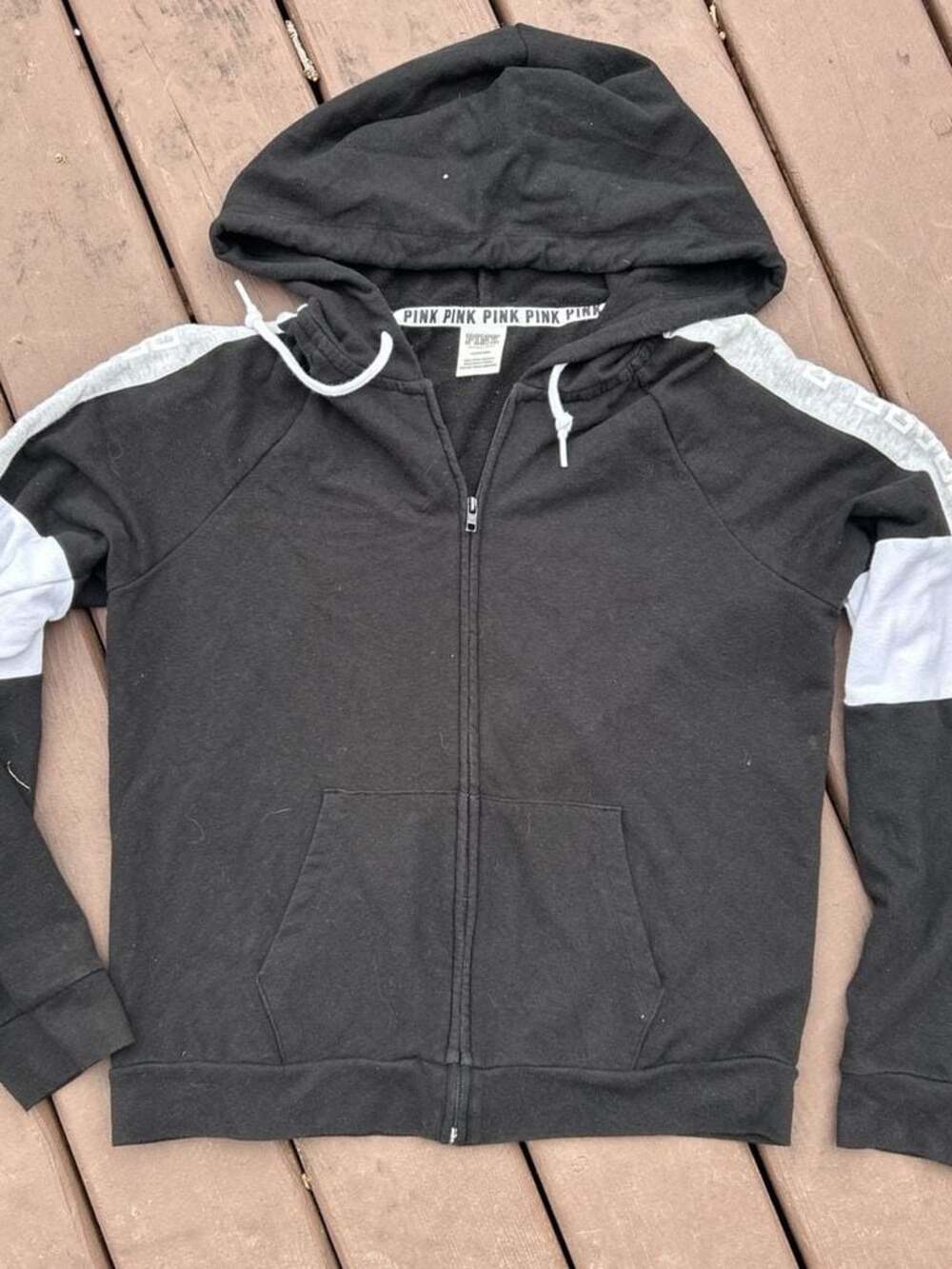 Victoria's Secret PINK Perfect Full-Zip Hoodie Black with Colorblock Sleeves